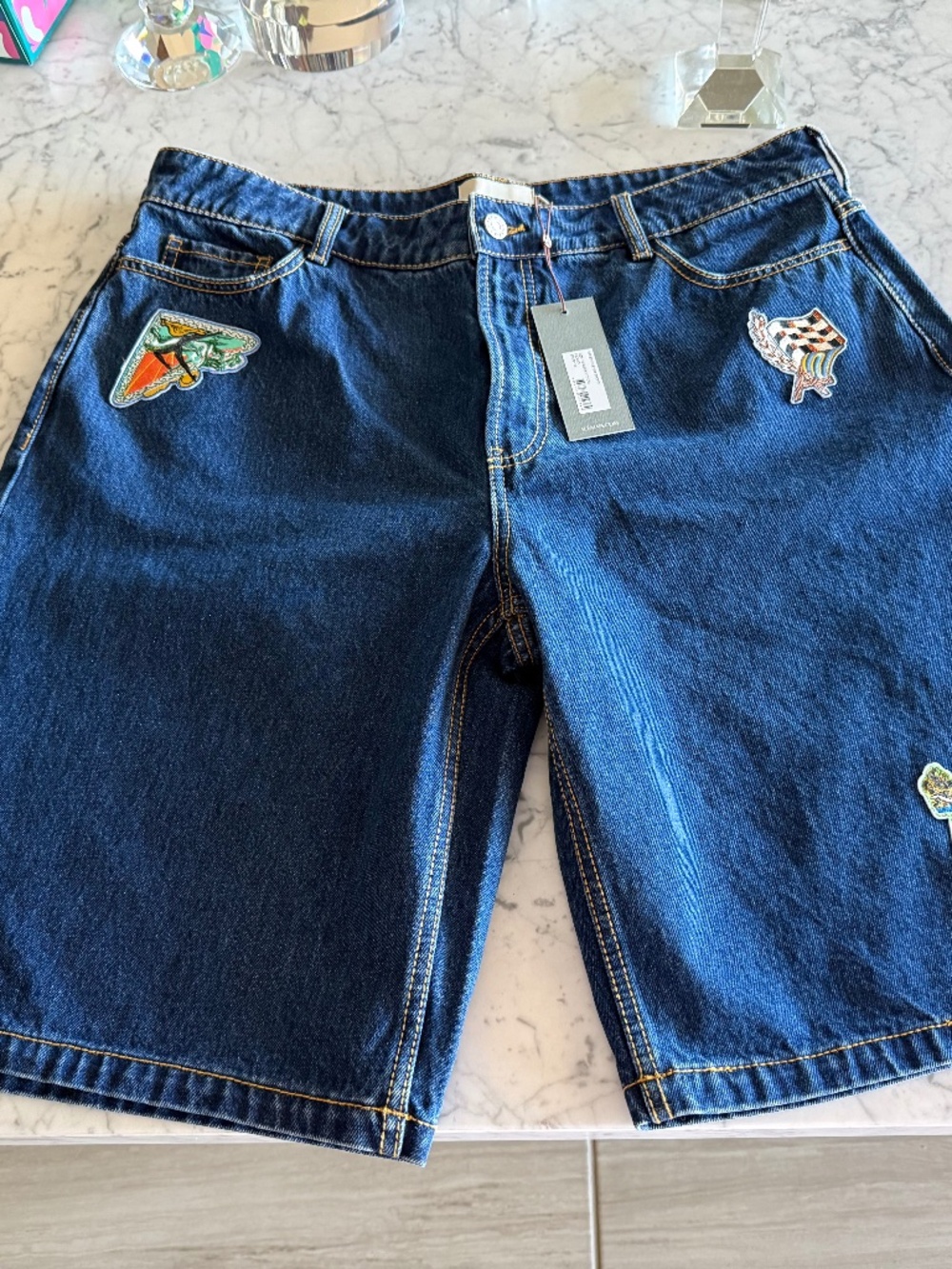 Alemais Dark Blue Denim Jean Shorts with Patch Details